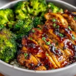 Honey Garlic Chicken Bowls with glazed chicken and roasted broccoli served over fluffy white rice in a bowl.