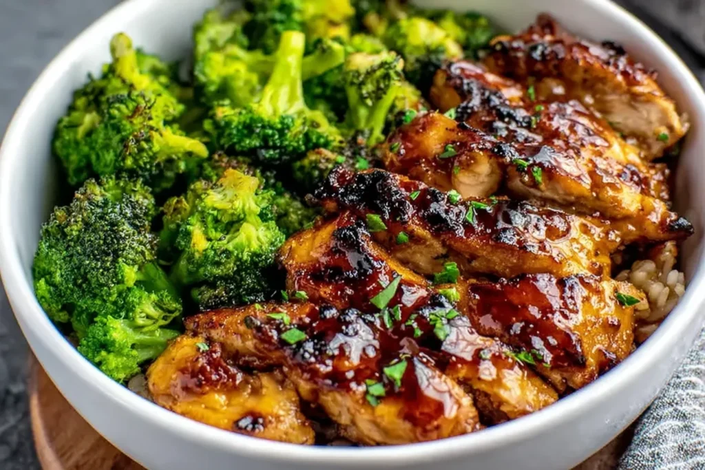 Honey Garlic Chicken Bowls with sticky glazed chicken thighs, bright broccoli, and rice in a white bowl, topped with fresh herbs.