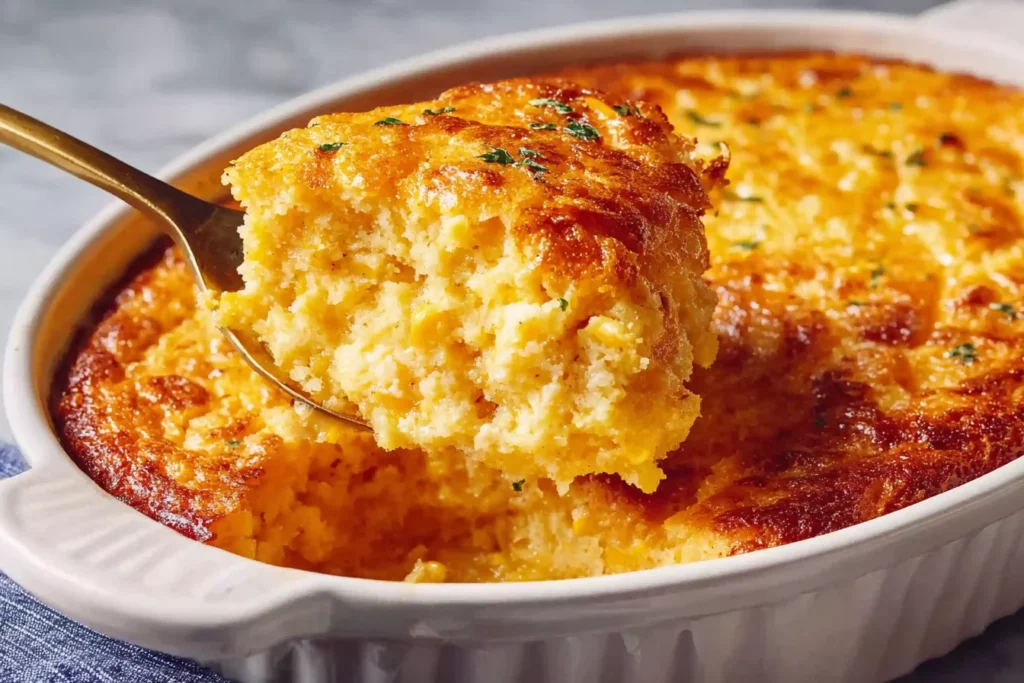 Creamy, golden Corn Pudding in a white casserole dish with a spoon lifting a fluffy, custardy scoop with sweet corn and a browned top.