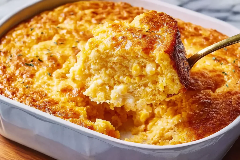 Golden-brown Corn Pudding in a white baking dish with a spoon lifting a creamy, custardy scoop filled with sweet corn kernels.