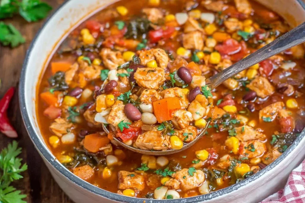 Close-up spoonful of BBQ Chicken Soup with tender chicken, beans, sweet corn, diced carrots, tomatoes, and herbs in a rich smoky broth.