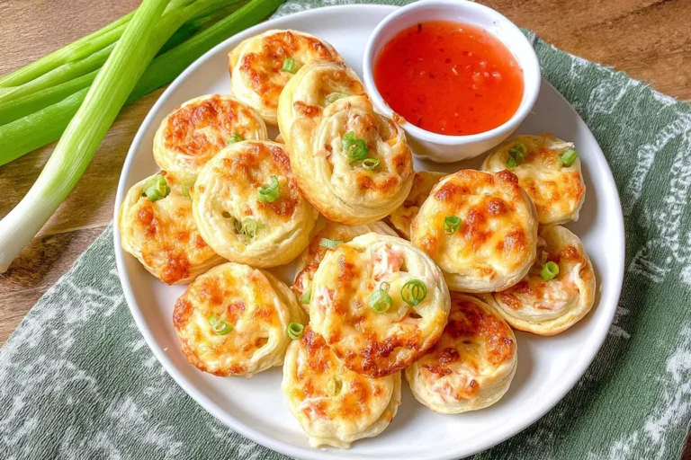 Crab Rangoon Pinwheels on a plate with sweet chili sauce, baked golden and flaky with green onion garnish.