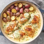 Chicken and Potatoes with Dijon Cream Sauce in a skillet—golden seared chicken breasts, roasted baby potatoes, and creamy mustard sauce topped with herbs.