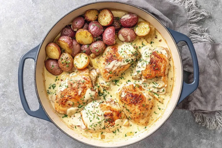 Chicken and Potatoes with Dijon Cream Sauce in a skillet—golden seared chicken breasts, roasted baby potatoes, and creamy mustard sauce topped with herbs.