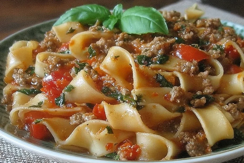 Italian Drunken Noodles in a rich tomato-basil sauce with turkey sausage and bell peppers, topped with fresh basil