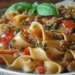 Italian Drunken Noodles in a rich tomato-basil sauce with turkey sausage and bell peppers, topped with fresh basil