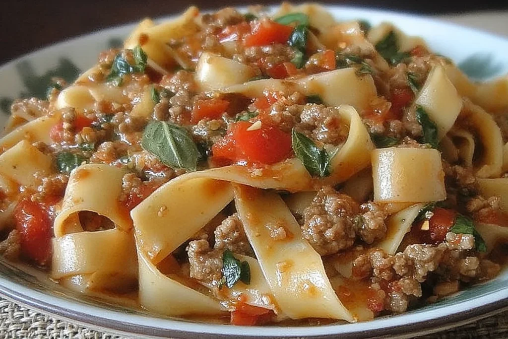 Italian Drunken Noodles with turkey sausage, bell peppers, diced tomatoes, and fresh basil in a savory skillet sauce