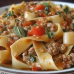 Italian Drunken Noodles with turkey sausage, bell peppers, diced tomatoes, and fresh basil in a savory skillet sauce