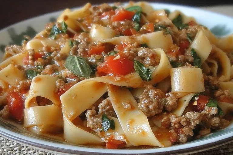 Italian Drunken Noodles with turkey sausage, bell peppers, diced tomatoes, and fresh basil in a savory skillet sauce
