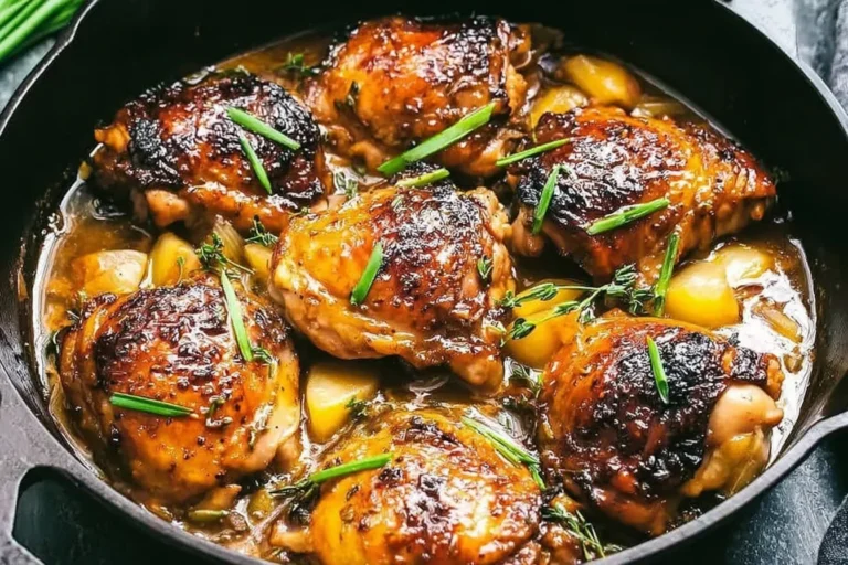 Miso Butter Chicken thighs roasted in a skillet with a glossy miso-maple butter glaze, garlic cloves, and fresh herbs.