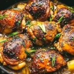 Miso Butter Chicken thighs caramelized in a cast-iron skillet with a shiny miso-butter glaze, tender garlic, and scallion garnish.
