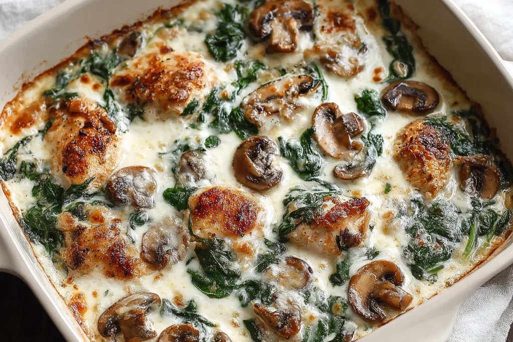 Chicken Spinach and Mushroom Low Carb casserole baked with creamy mozzarella, sautéed mushrooms, and wilted spinach in a golden, cheesy oven dish.