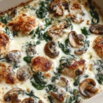 Chicken Spinach and Mushroom Low Carb casserole baked with creamy mozzarella, sautéed mushrooms, and wilted spinach in a golden, cheesy oven dish.