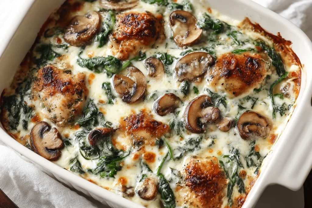 Chicken Spinach and Mushroom Low Carb casserole in a baking dish, topped with golden chicken pieces, sautéed mushrooms, wilted spinach, and melted cheese.