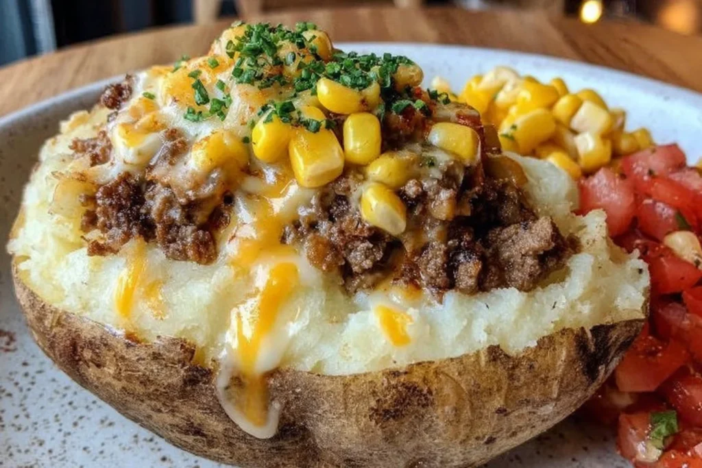 Shepherd’s Pie Baked Potato stuffed with savory ground beef, creamy mashed potato topping, melted cheddar, and sweet corn, finished with fresh herbs.