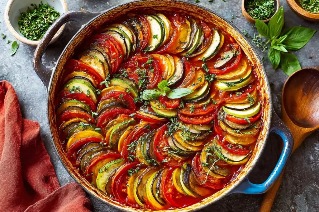 Homemade Classic French Ratatouille baked in a round casserole dish with layered eggplant, zucchini, tomatoes, and herbs in rich tomato sauce.