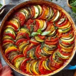 Homemade Classic French Ratatouille baked in a round casserole dish with layered eggplant, zucchini, tomatoes, and herbs in rich tomato sauce.