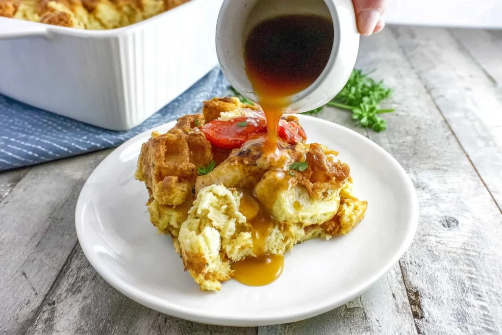Chicken and Waffle Casserole slice drizzled with warm maple syrup on a white plate, golden and fluffy with crispy waffle pieces.