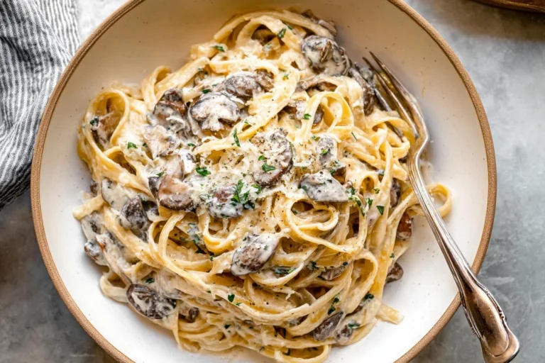 Creamy Mushroom Cream Sauce Pasta with fettuccine, sautéed mushrooms, Parmesan, and parsley in a rustic bowl.
