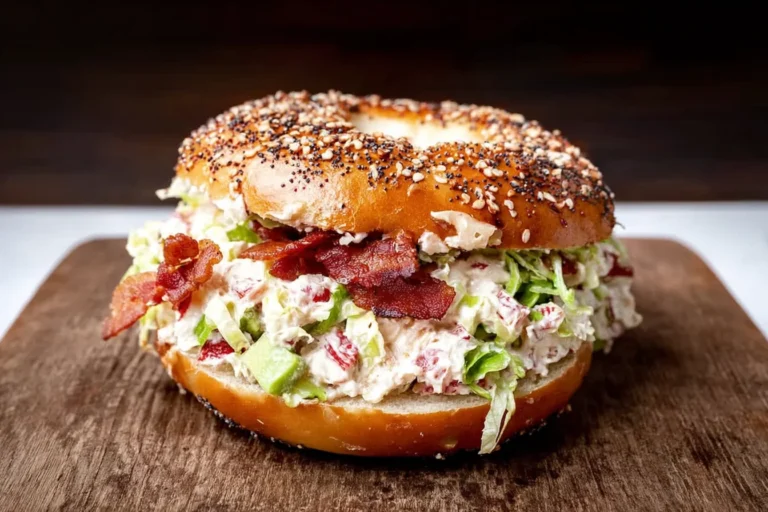 California BLT Chopped Bagel stuffed with chopped bacon, romaine, tomato, chive-onion cream cheese, and diced avocado on an everything bagel.