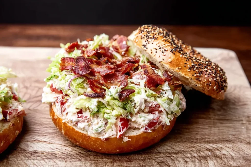 California BLT Chopped Bagel open-faced on a cutting board, piled with creamy chopped bacon, romaine, tomato, and avocado on an everything bagel.