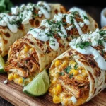 Mexican Street Corn Chicken Wraps sliced open with juicy chicken, charred corn, creamy lime sauce, Cotija cheese, and cilantro on a wooden board.