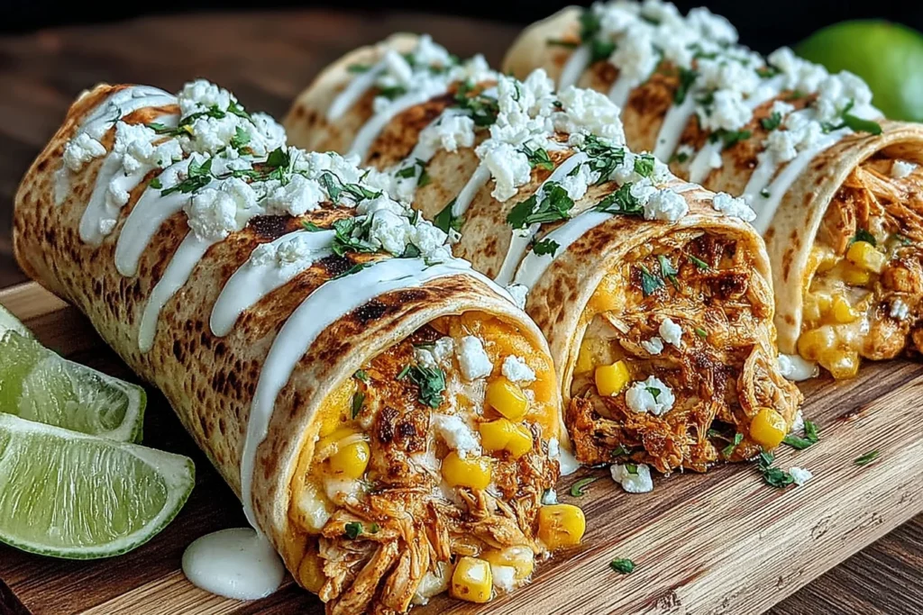Mexican Street Corn Chicken Wraps with shredded chicken, charred corn, creamy lime drizzle, Cotija cheese, and cilantro on a wooden board with lime wedges.