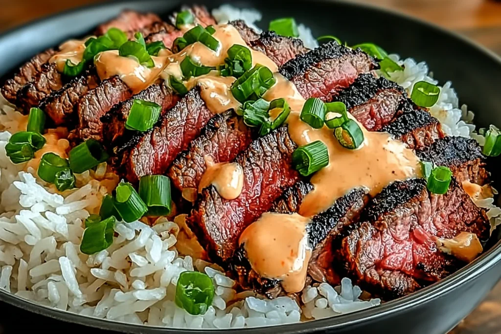 Korean BBQ Steak Rice Bowls topped with sliced grilled steak, fluffy white rice, green onions, and creamy spicy sauce.