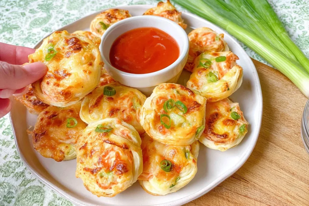 Crab Rangoon Pinwheels held in hand over a plate with sweet chili dipping sauce, baked golden with green onion garnish.