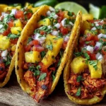 Pineapple Chicken Tacos in toasted corn tortillas topped with pineapple salsa, diced tomatoes, red onion, cilantro, and lime on the side.