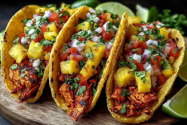Pineapple Chicken Tacos in toasted corn tortillas topped with pineapple salsa, diced tomatoes, red onion, cilantro, and lime on the side.