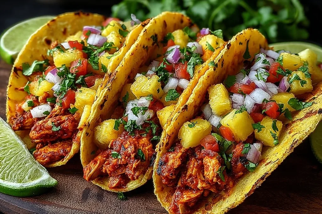 Pineapple Chicken Tacos topped with fresh pineapple salsa, red onion, cilantro, and lime wedges on warm corn tortillas.