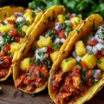 Pineapple Chicken Tacos topped with fresh pineapple salsa, red onion, cilantro, and lime wedges on warm corn tortillas.