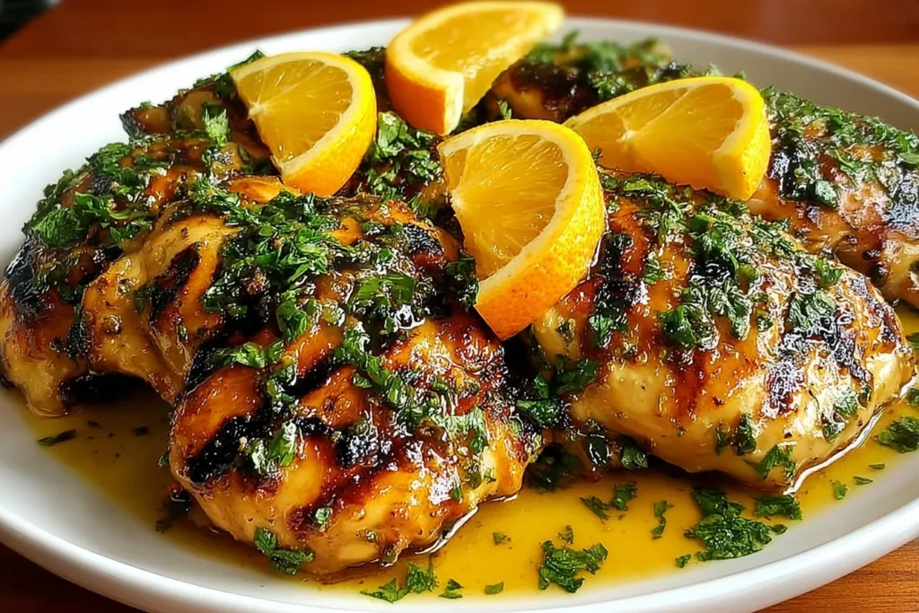 Key West Grilled Chicken with Tropical Citrus Marinade glazed and char-grilled on a platter, topped with orange wedges and chopped cilantro.