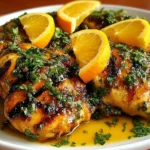 Key West Grilled Chicken with Tropical Citrus Marinade glazed and char-grilled on a platter, topped with orange wedges and chopped cilantro.