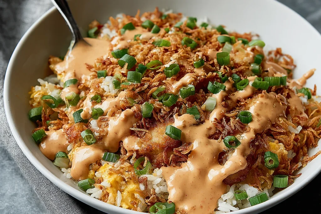 Chicken Crispy Rice Salad with Peanut Dressing in a white bowl with golden crispy rice, creamy peanut drizzle, and sliced green onions.