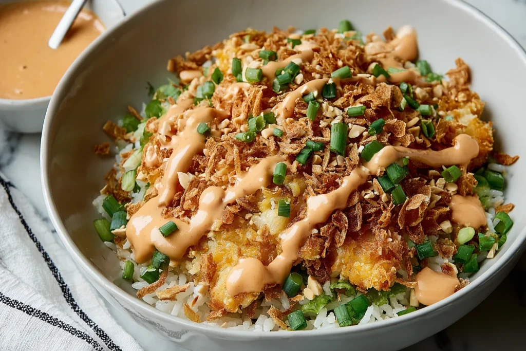 Chicken Crispy Rice Salad with Peanut Dressing topped with crunchy rice, chopped peanuts, green onions, and a creamy peanut drizzle in a bowl.
