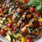 Balsamic Chicken and Veggie Orzo bowl with glazed sliced chicken, zucchini, bell peppers, cherry tomatoes, and fresh basil.