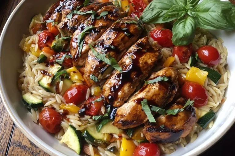 Balsamic Chicken and Veggie Orzo bowl with glazed sliced chicken, zucchini, bell peppers, cherry tomatoes, and fresh basil.