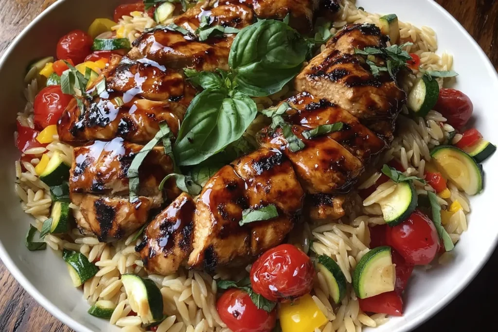 Balsamic Chicken and Veggie Orzo in a bowl with balsamic-glazed grilled chicken, orzo pasta, zucchini, cherry tomatoes, bell peppers, and fresh basil.