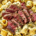 Cowboy Butter Steak Pasta in a bowl with sliced medium-rare ribeye over rigatoni coated in creamy garlic-lemon butter sauce, parsley, and chili flakes.