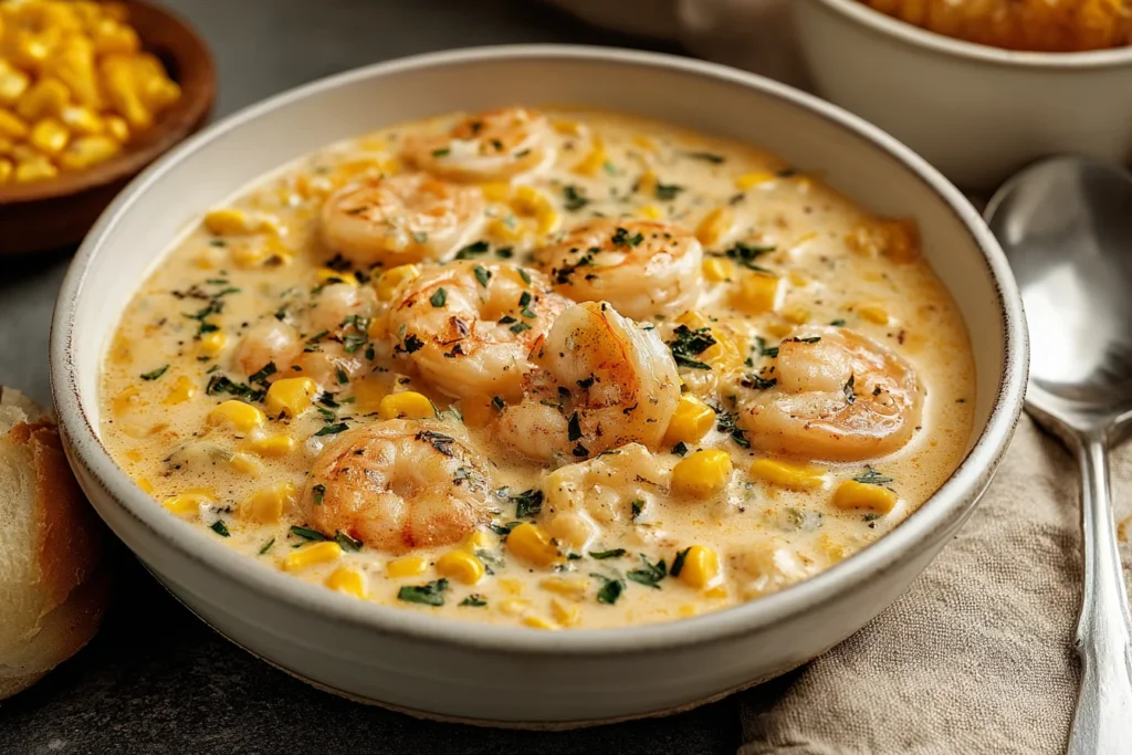 Creamy Shrimp and Corn Chowder in a white bowl with tender shrimp, sweet corn kernels, herbs, and a rich creamy broth.