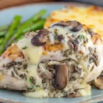 Gouda and Mushroom Stuffed Chicken breast with melted Gouda, sautéed mushrooms, and herbs, served with asparagus and a cheesy side dish.