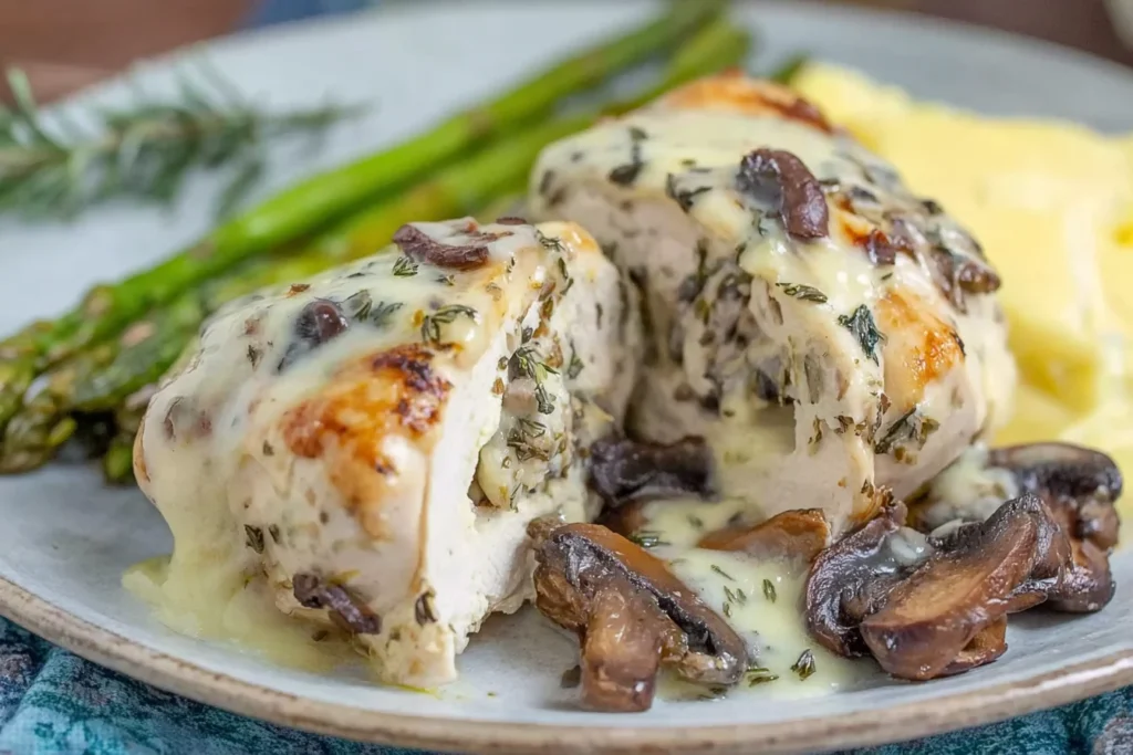 Gouda and Mushroom Stuffed Chicken topped with melted Gouda, sautéed mushrooms, and herbs on a plate with asparagus and mashed potatoes.