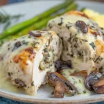 Gouda and Mushroom Stuffed Chicken topped with melted Gouda, sautéed mushrooms, and herbs on a plate with asparagus and mashed potatoes.