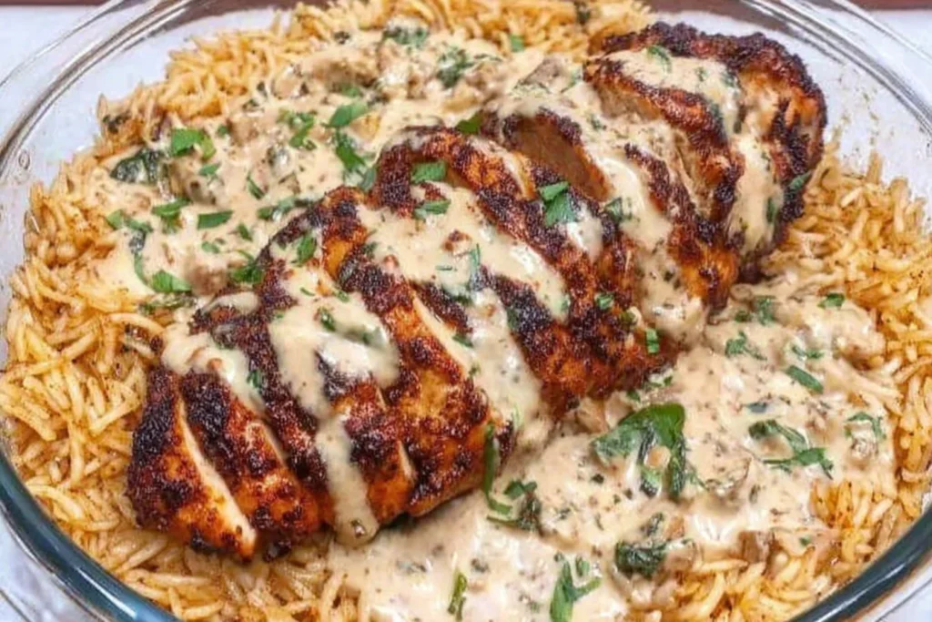 High Protein Creamy Cajun Chicken served over fluffy garlic rice with a rich creamy Cajun sauce and fresh parsley.