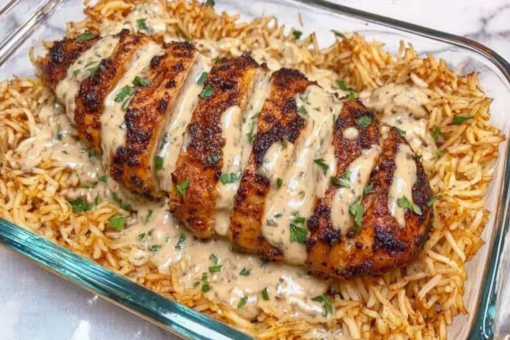 High Protein Creamy Cajun Chicken sliced and drizzled with creamy Cajun sauce over fluffy garlic rice in a baking dish, topped with parsley.