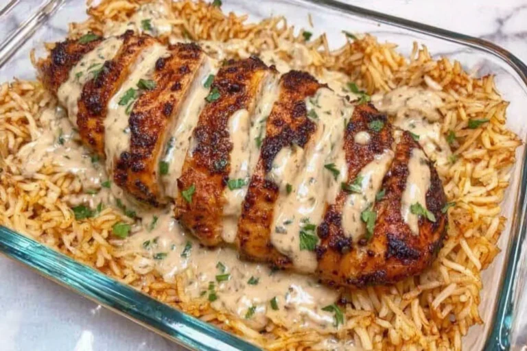 High Protein Creamy Cajun Chicken sliced and drizzled with creamy Cajun sauce over fluffy garlic rice in a baking dish, topped with parsley.