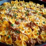 Cajun Cream Cheese Alfredo Bowties with spiced ground beef in a skillet, topped with melted cheese and parsley.