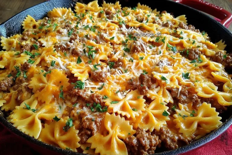 Cajun Cream Cheese Alfredo Bowties with spiced ground beef in a skillet, topped with melted cheese and parsley.